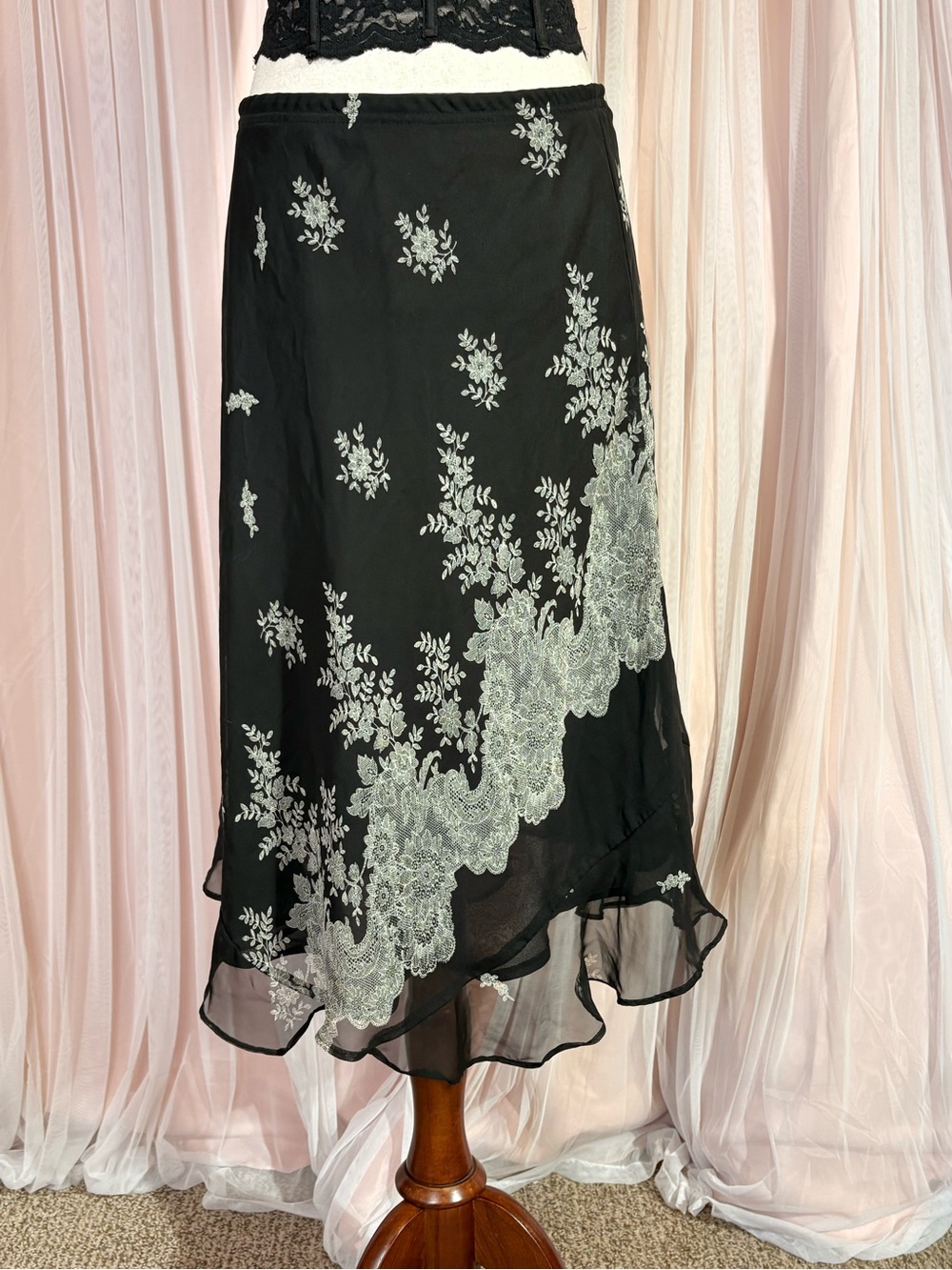 Notations Black Embroidered Midi Skirt L Y2K Fairycore Lace Ruffle Asymmetrical